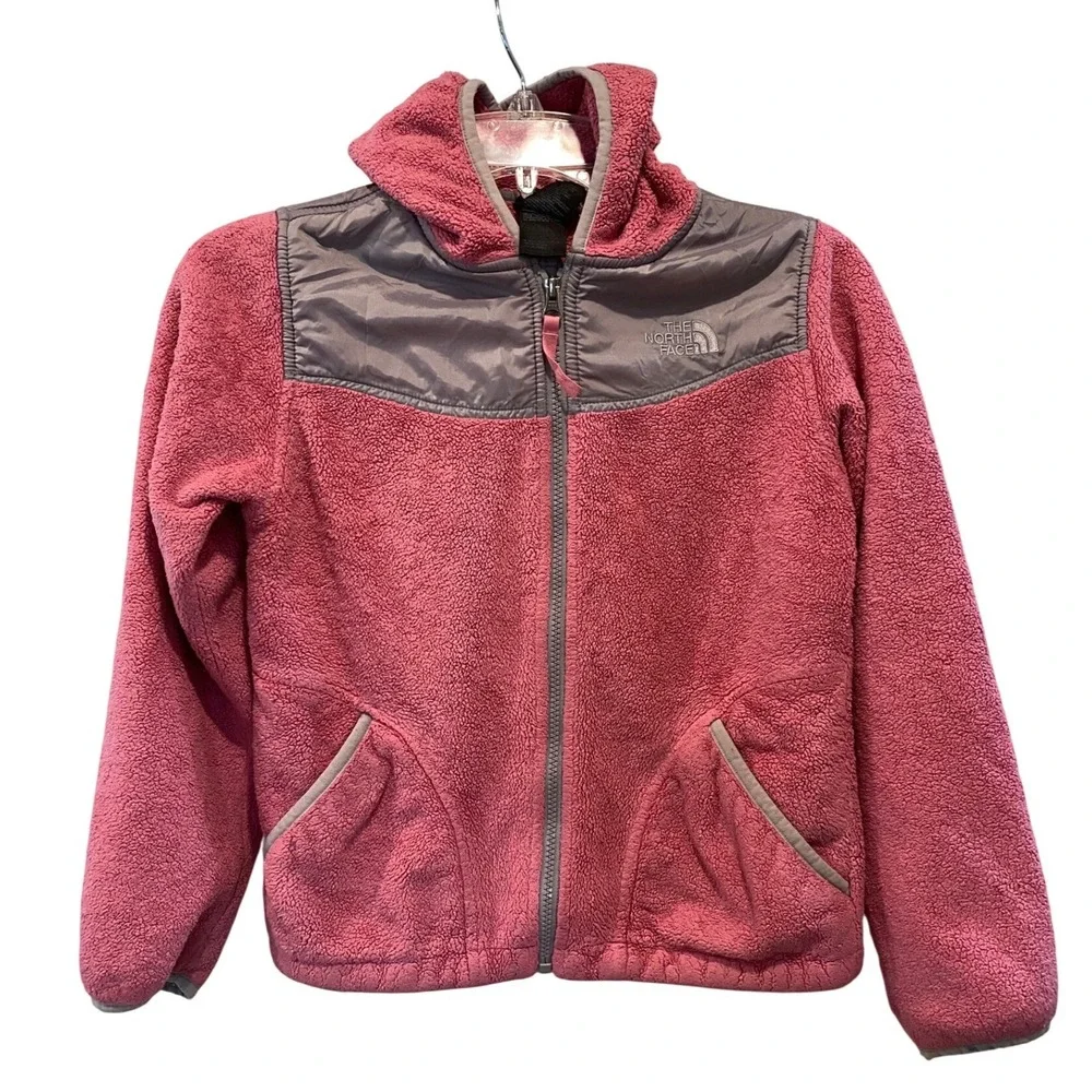 The North Face Girls Pink Grey Denali Hooded Fleece Jacket Size M 10/12 Full Zip